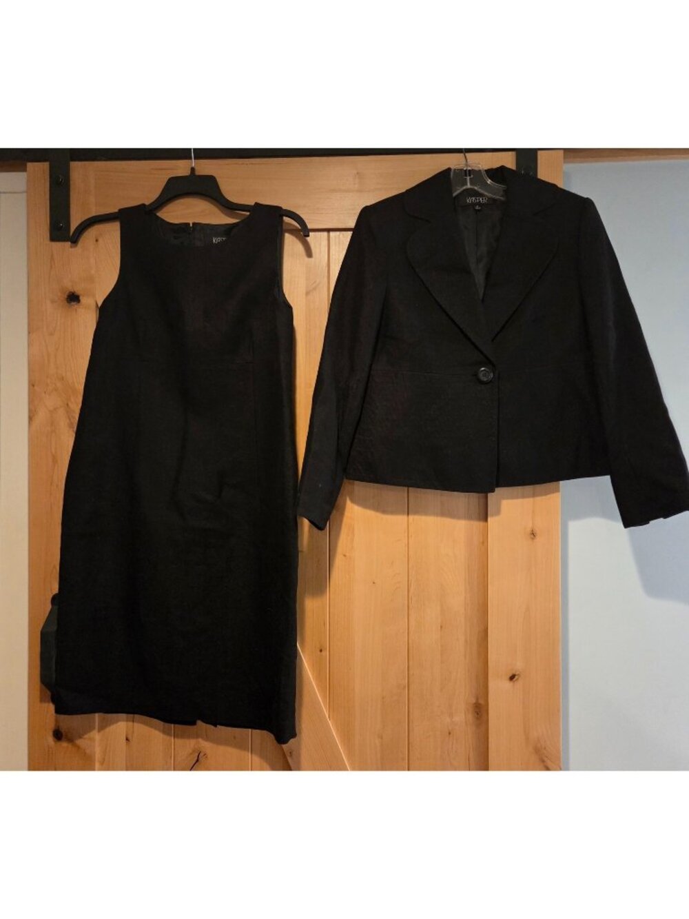 KASPER Size 12 Black Linen Blend 2pc Power Dress Blazer Suit Textured Lined